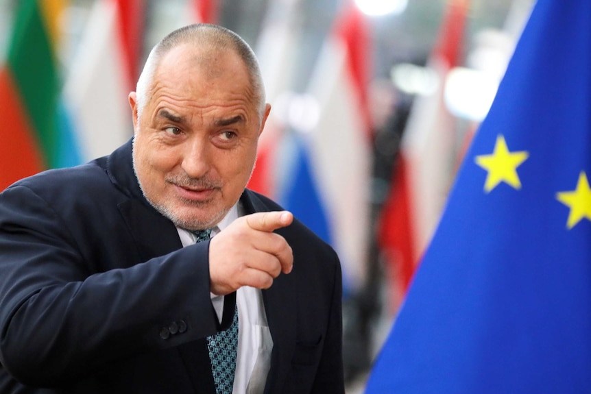 Bulgarian Prime Minister Boyko Borrisov giving finger guns next to the European Union flag