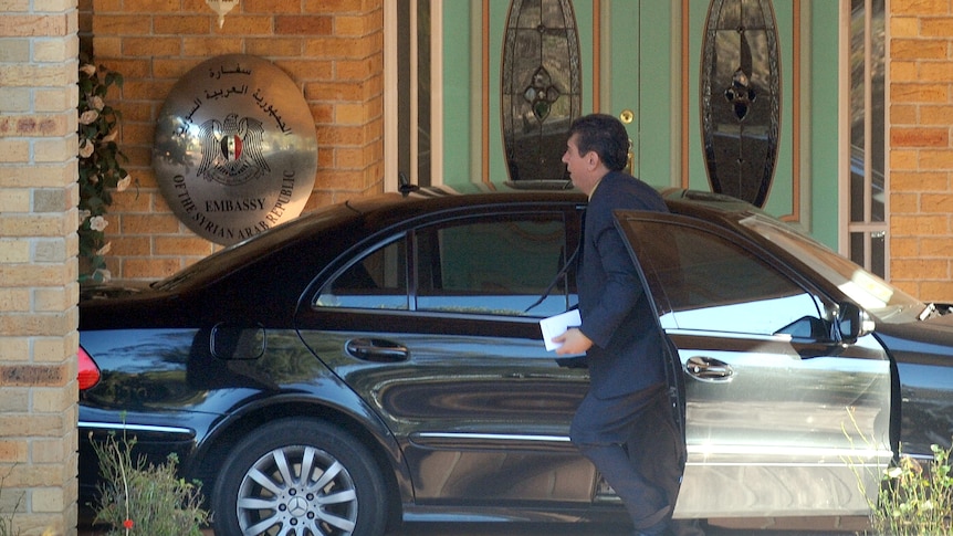 The Syrian Charge d'Affaires Jawdat Ali arrives at the Embassy of Syria in Canberra