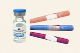 A graphic showing a vial of the Mounjaro weight loss drug next to three Ozempic pens