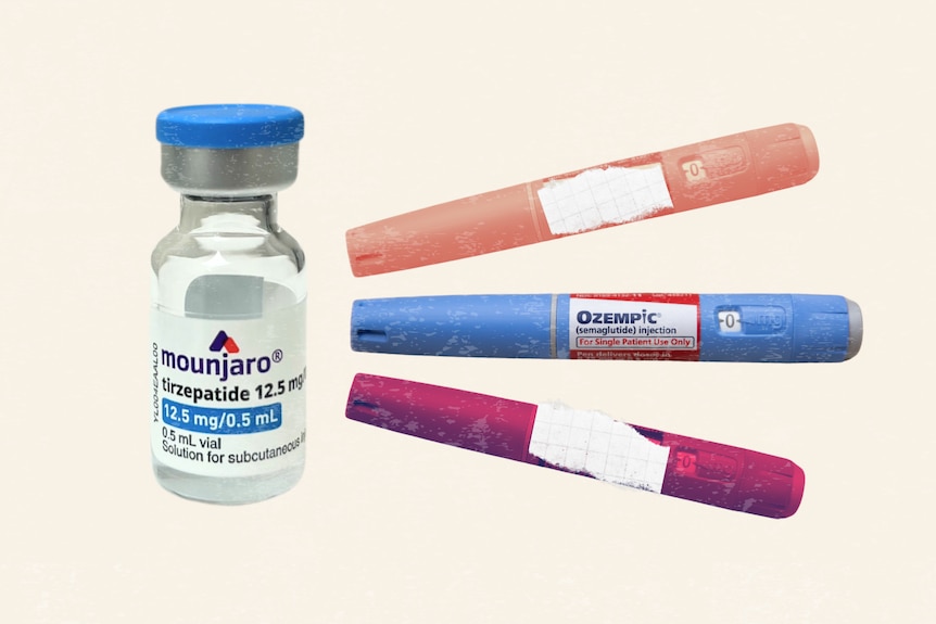 A graphic showing a vial of the Mounjaro weight loss drug next to three Ozempic pens