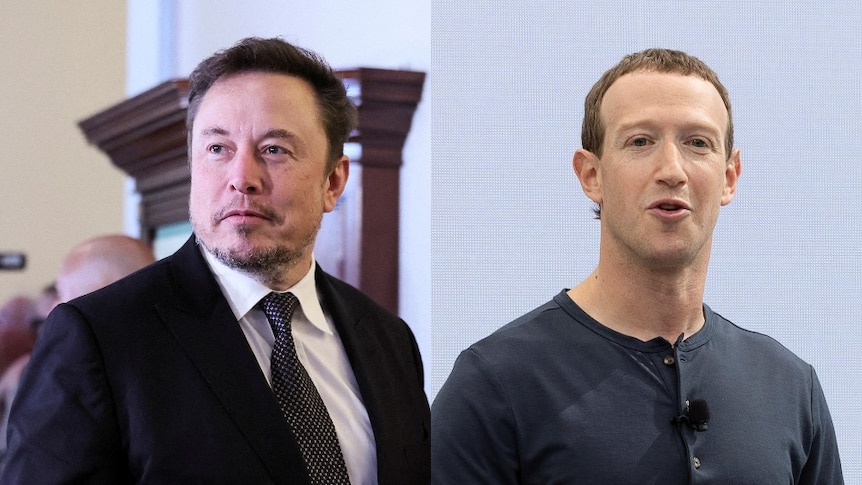A photo of Elon Musk standing wearing a suit and tie, next to a photo of Mark Zuckerberg wearing a T-shirt and lapel microphone.