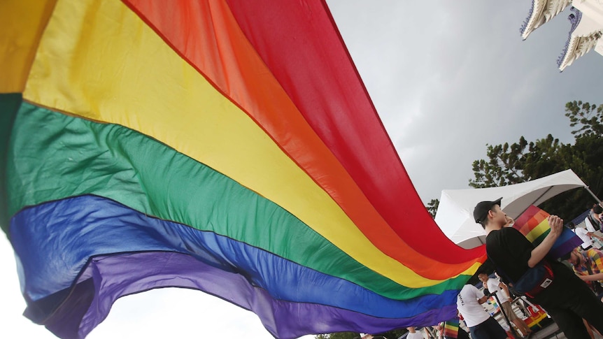 A large rainbow flag is waved as participants march in Taiwan pride.