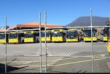 Metro Tasmania  buses parked behind a fence during a stop-work meeting by Hobart drivers