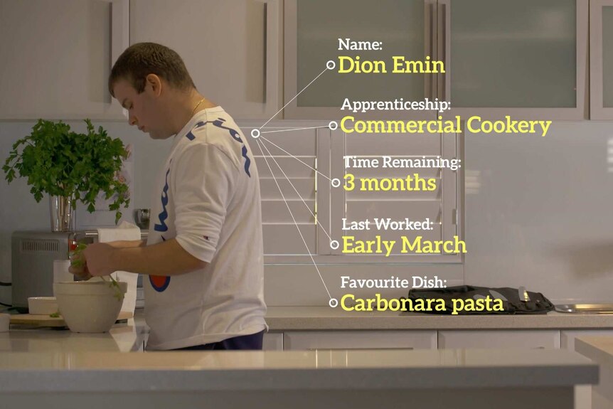 Graphic showing Dion Emin working in a kitchen with his apprenticeship details