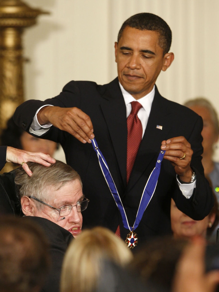 United States President Barack Obama presents the Medal of Freedom to Stephen Hawking.