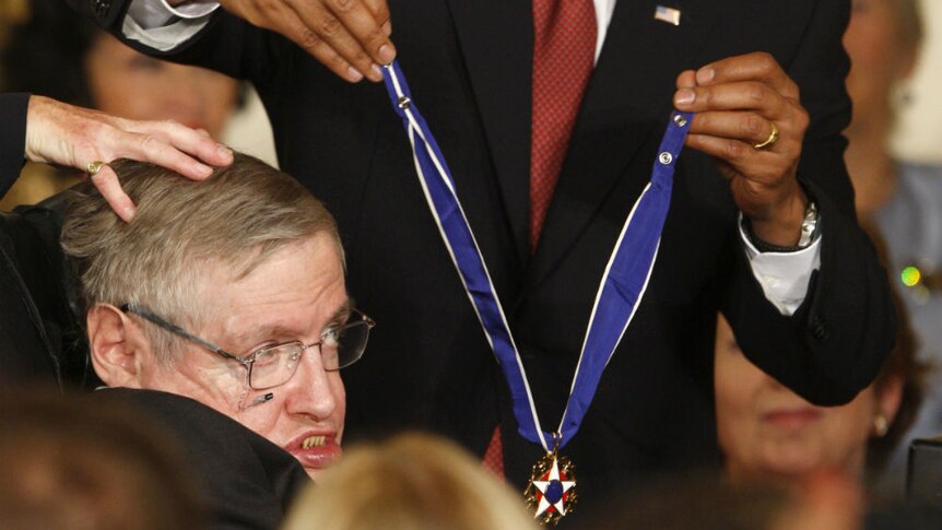 United States President Barack Obama presents the Medal of Freedom to Stephen Hawking.