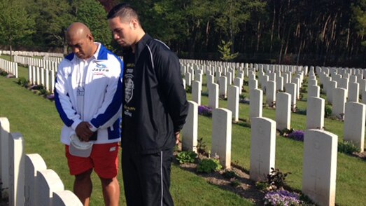 Moving experience ... Alex Leapai (L) and Joseph Parker tour the Rheinberg Cemetery