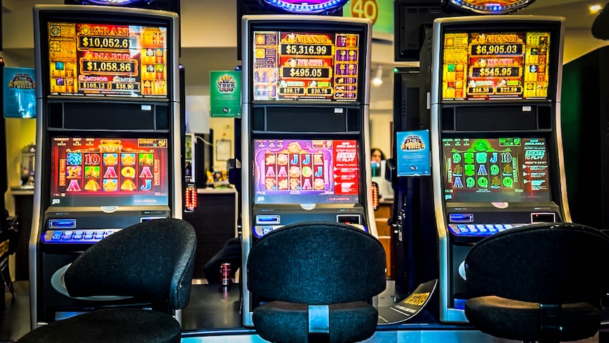 Three poker machines in a club with brightly coloured screens showing different gambling games, with three empty stools in front