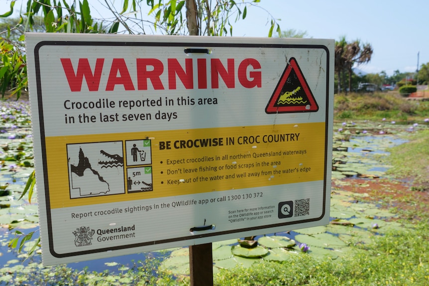 A crocodile warning sign in water
