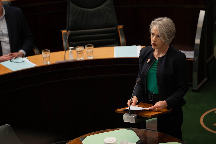 A woman with blonde hair stands in a room and reads from a lectern