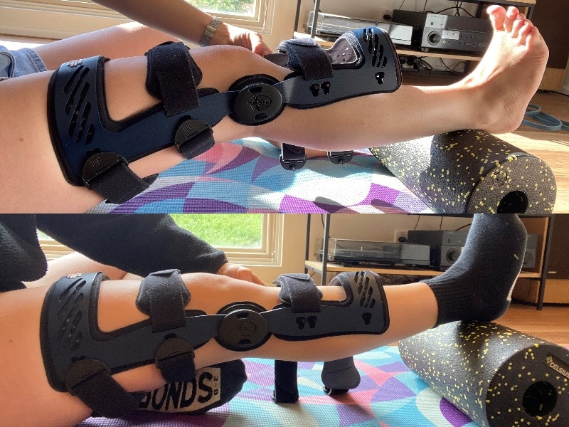 A composite image showing a leg in a knee brace out straight. The top shows the leg more bent than the bottom.