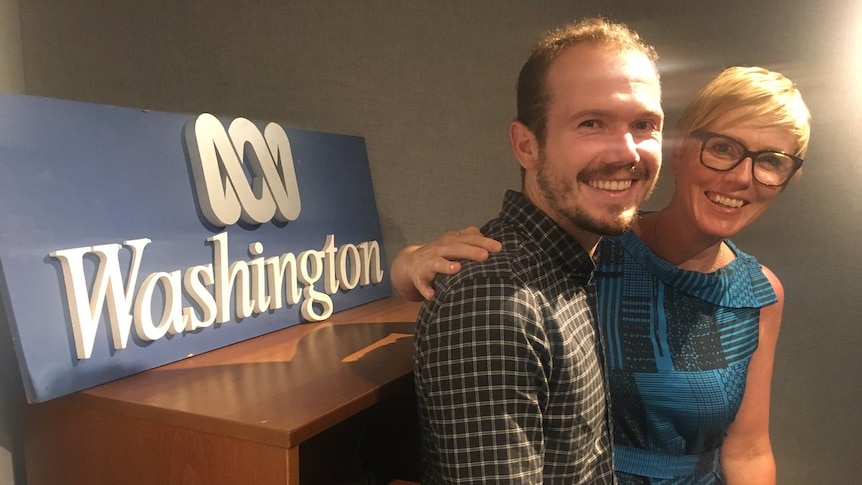 Zoe Daniel and Roscoe Whalan standing in front of ABC Washington bureau sign.