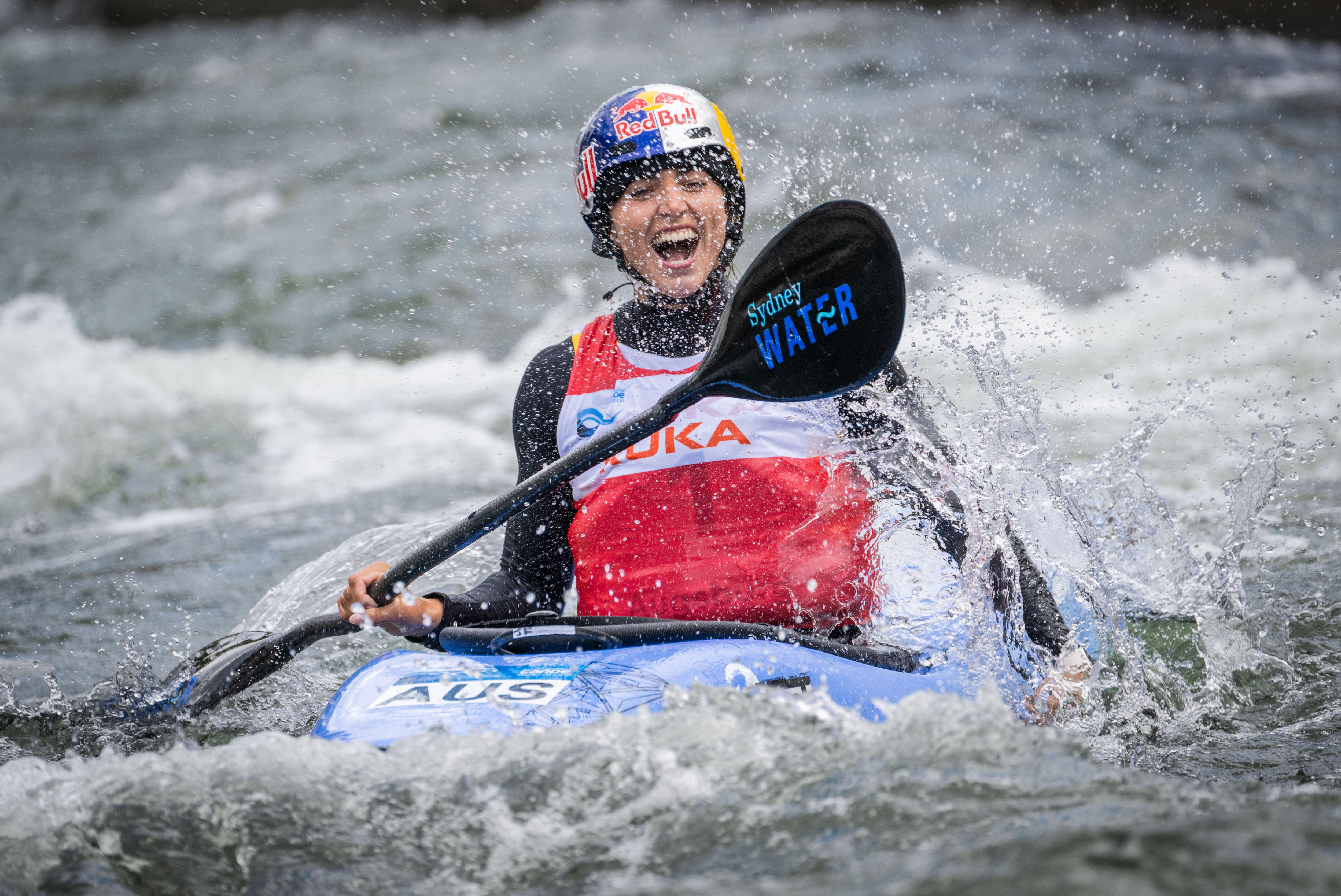 Jessica Fox screams in celebration at the women's extreme kayak final