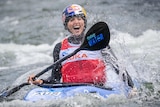 Jessica Fox screams in celebration at the women's extreme kayak final