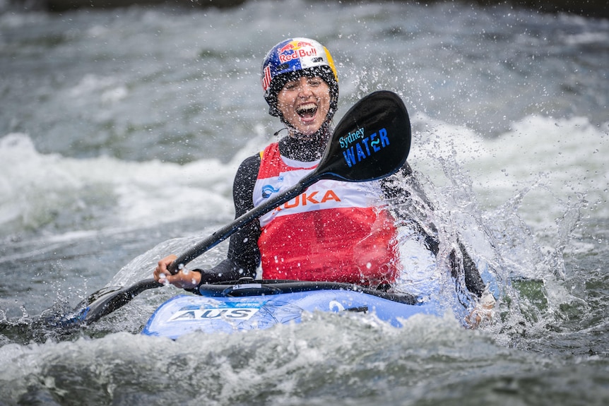 Jessica Fox screams in celebration at the women's extreme kayak final