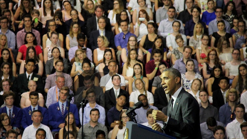 Barack Obama addresses the crowd at the University of Queensland on November 15, 2014