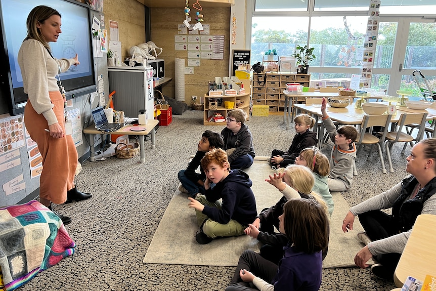 A classroom with a female teacher at the front and young children sitting on the floor