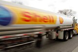 Blurred image of the side of a Shell oil tanker