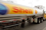 Blurred image of the side of a Shell oil tanker
