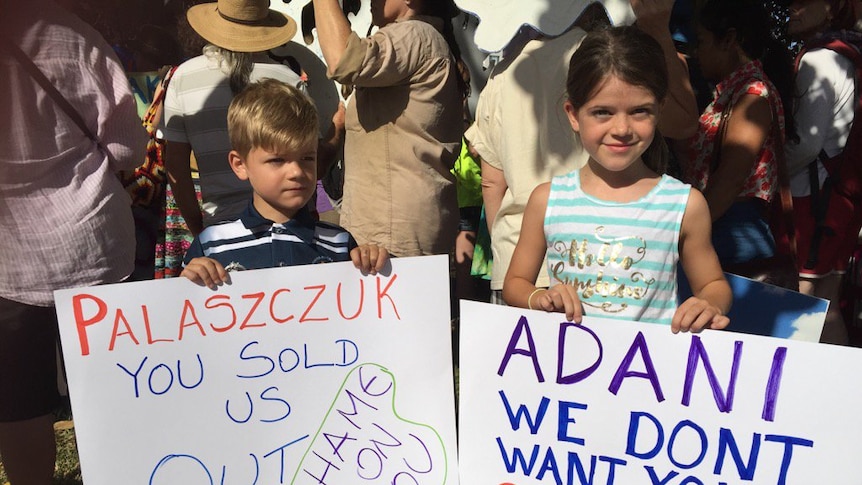 Kobi and Cleo Condon with their grandmother at the Adani protest.