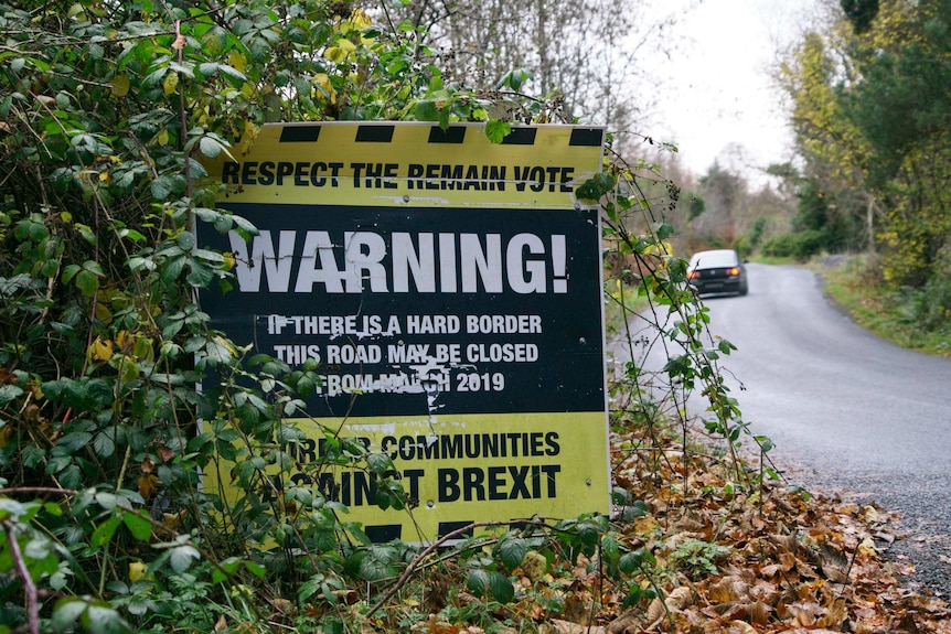 A pro-remain Brexit sign beside the road on the Irish border.