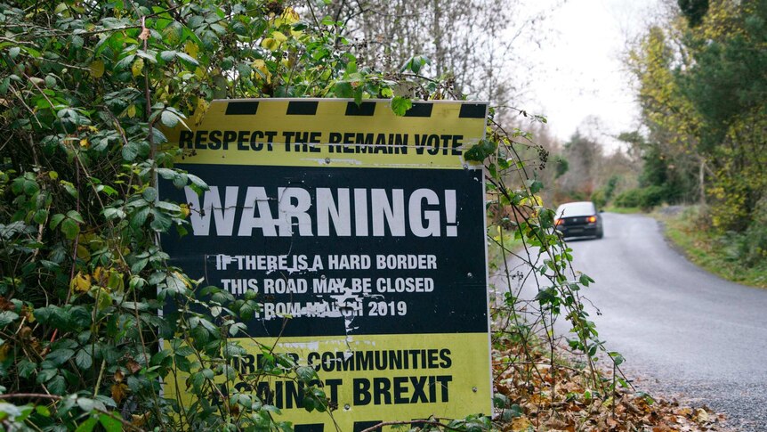 A pro-remain Brexit sign beside the road on the Irish border.