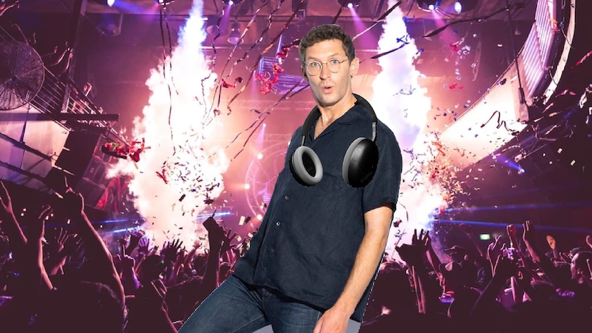 A photoshopped image of Lewis Hobba standing in front of a nightclub with pink lights & DJ headphones around his neck.