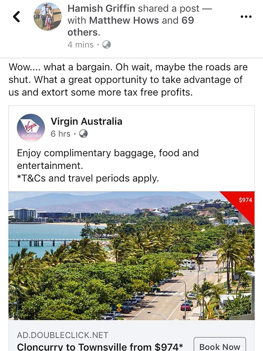 Reply by Hamish Griffin to Virgin Australia Facebook advertisement Cloncurry to Townsville flights