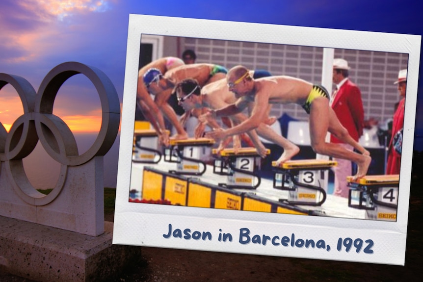 Jason Diederich action shot of him diving into the swimming pool at the 1992 Barcelona Paralympics.