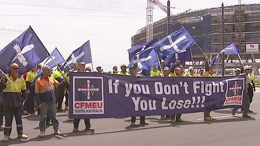 Construction workers marched to North Terrace