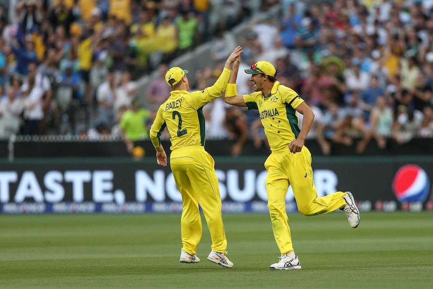 Mitchell Starc and George Bailey celebrate