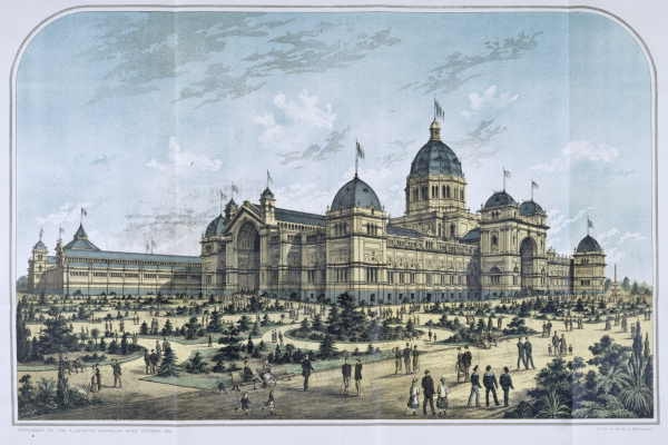 A lithograph of a large building, people walking in gardens