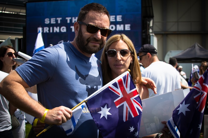 Darren and Rene Katz at a pro-Israel rally at Sydney's Moore Park on Sunday november 12