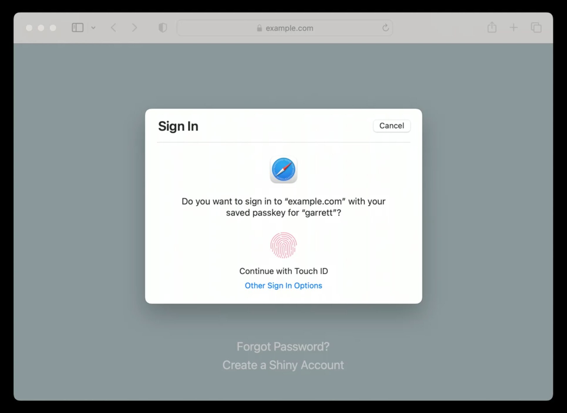 A screenshot of a Safari browser on a Mac asking if the user would like to use TouchID to sign in with a passkey.