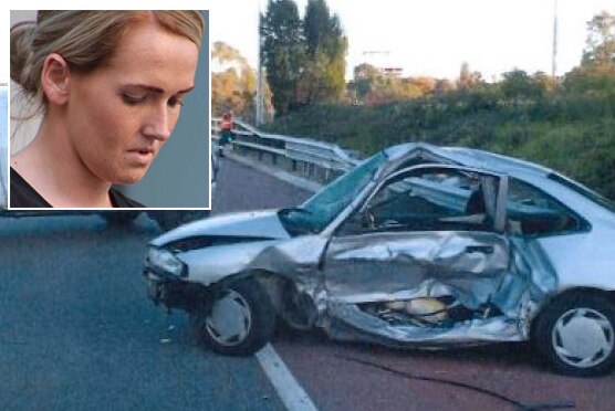 A crashed sedan sits on the Mitchell Freeway with a white ute nearby and a picture of Aine Marie McGrath in the corner.