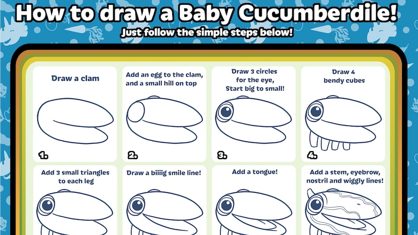 Activity sheet teaching people how to draw a Baby Cucumberdile