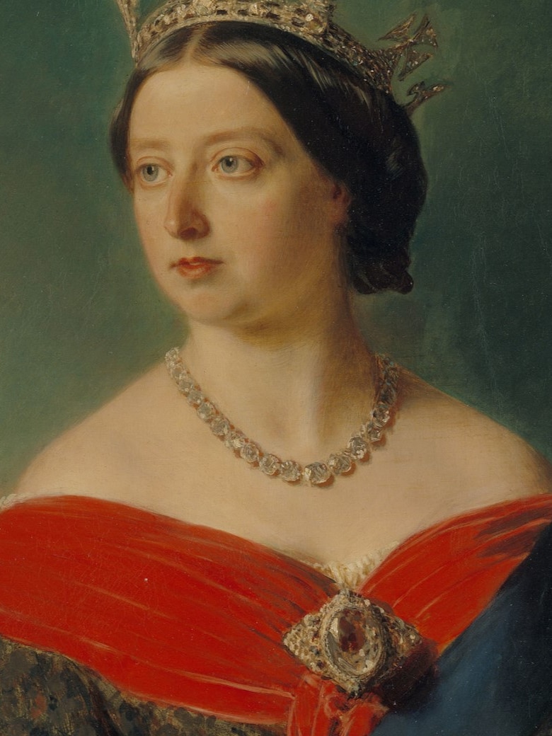 A painting of a woman wearing an enormous diamond pinned to the front of her red dress