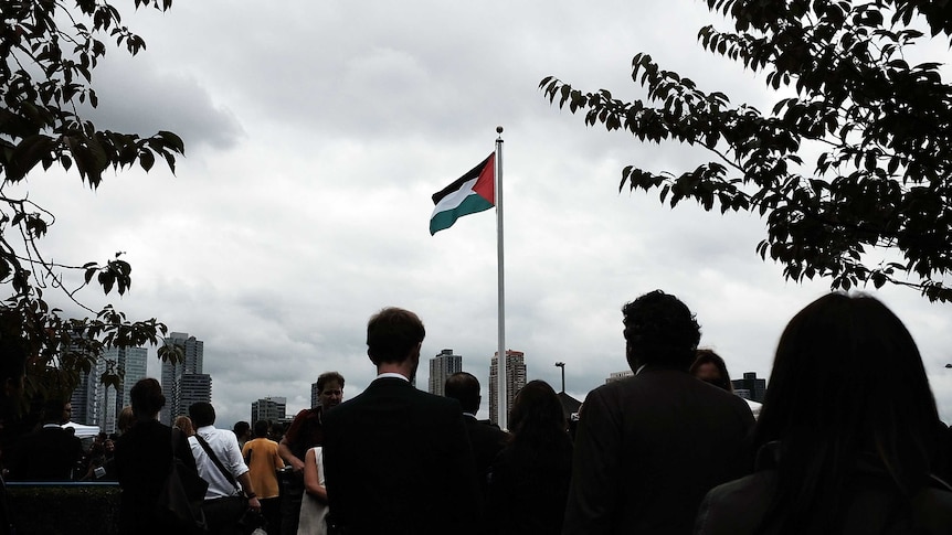 The Palestinian flag flies for the first time at the United Nations