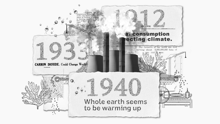 Composite graphic of old newspaper clippings detailing climate change coverage. 