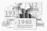 Composite graphic of old newspaper clippings detailing climate change coverage. 