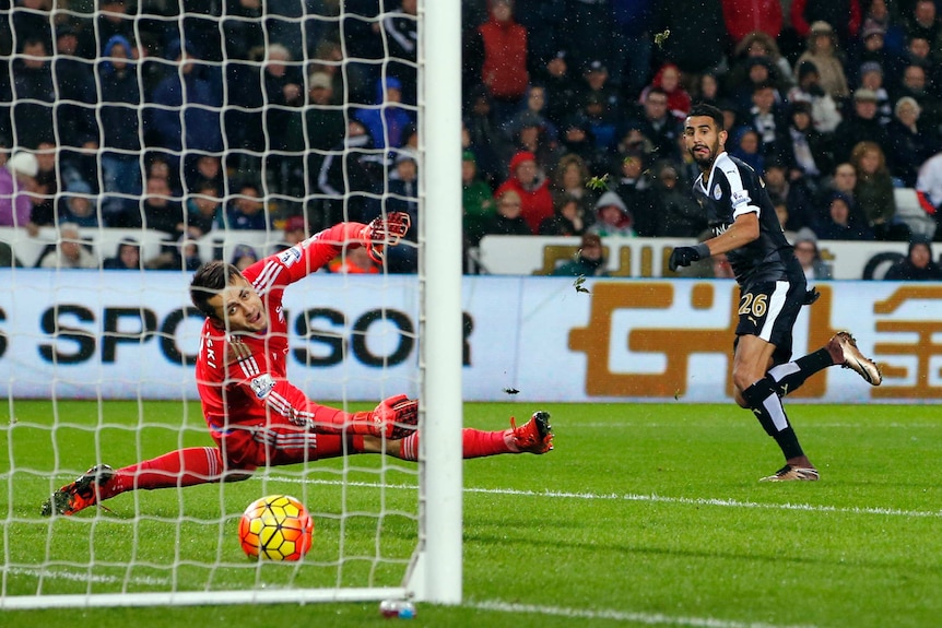 Riyad Mahrez scores for Leicester against Swansea