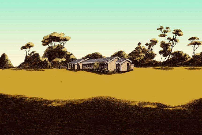 The Tregellas family home in Mallacoota before the fires, surrounded by dry grass.