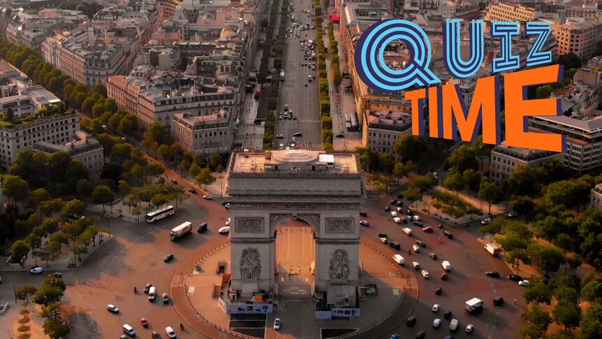 An aerial view of the famous landmark in France, the Arc de Triomphe.