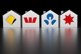 Graphic of Australian Bank logos on houses including Commonwealth, ANZ, Westpac, and National.