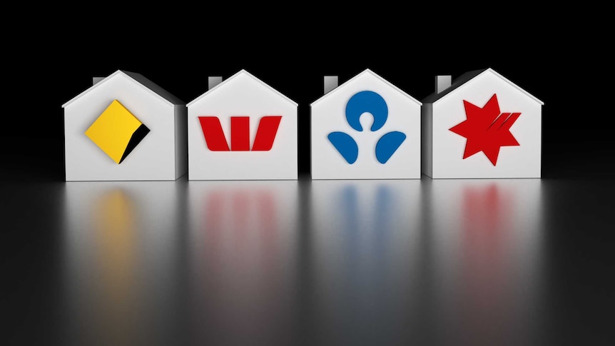 Graphic of Australian Bank logos on houses including Commonwealth, ANZ, Westpac, and National.