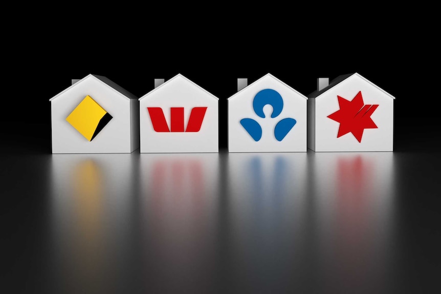 Graphic of Australian Bank logos on houses including Commonwealth, ANZ, Westpac, and National.