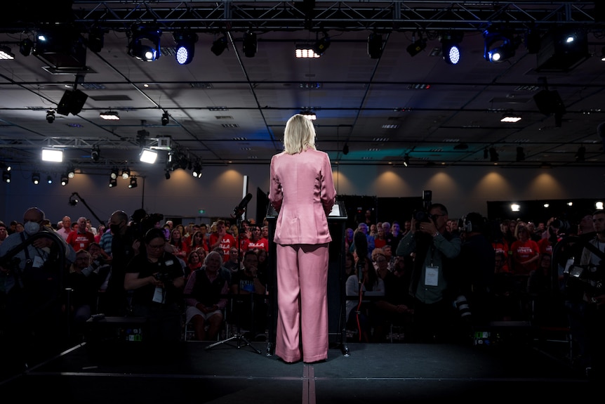 A woman in a pink suit faces a dark crowded room
