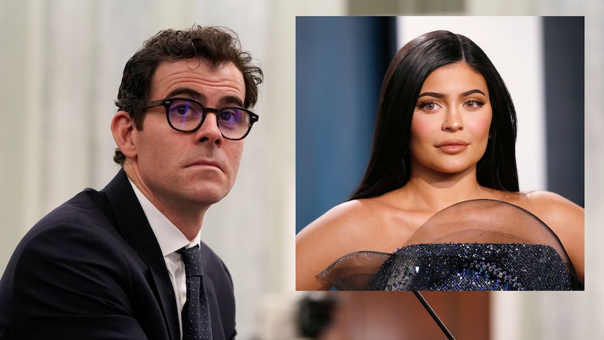 Adam Mosseri is wearing glasses and raising his eyebrows. there is an inset portrait of Kylie Jenner during the Academy Awards.