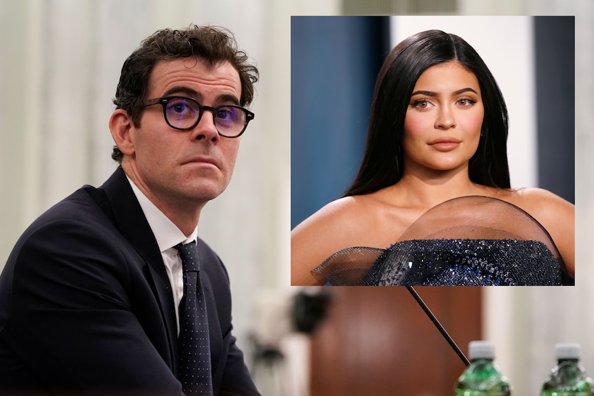 Adam Mosseri is wearing glasses and raising his eyebrows. there is an inset portrait of Kylie Jenner during the Academy Awards.