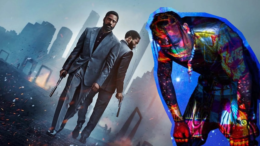 Travis Scott superimposed over the poster for 2020 movie Tenet